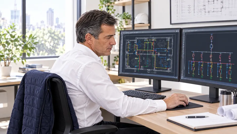 El Ingeniero de Estudio TREO dibuja en CAD la planta eléctrica y el esquema unifilar de un local, en dos monitores de su escritorio