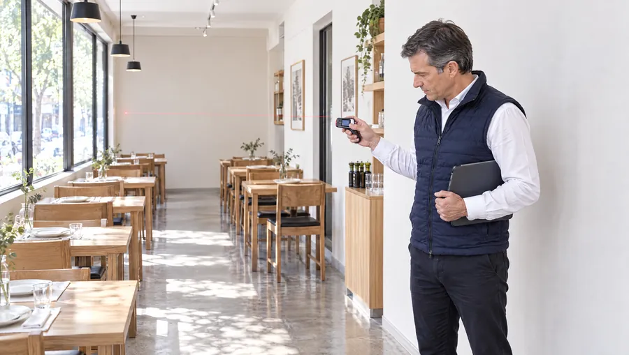 El Ingeniero de Estudio TREO mide con un medidor láser el largo del salón de un restaurante vacío, antes de la apertura